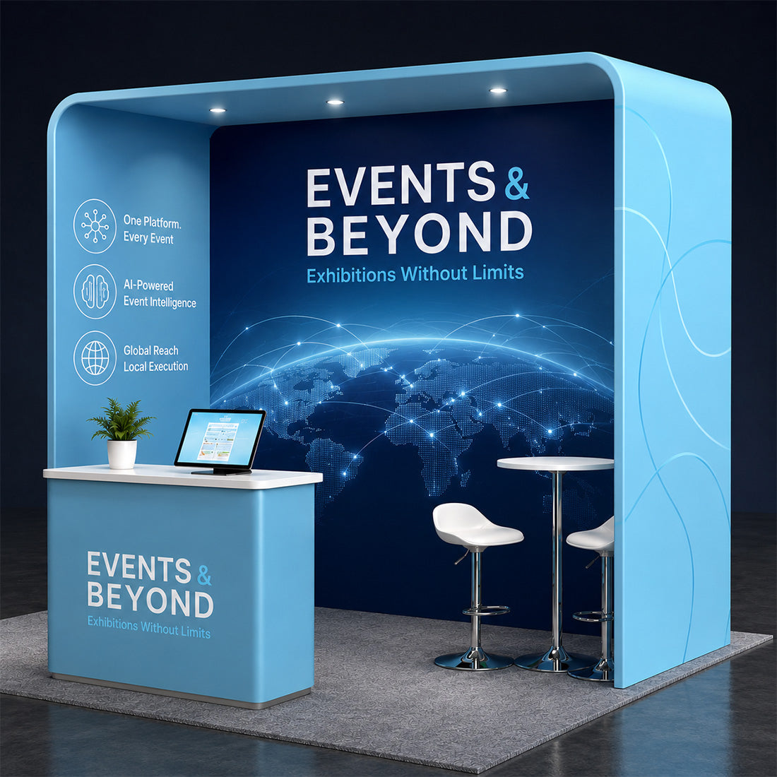 Quadratischer Stoffbogen-Messestand mit integriertem Regal