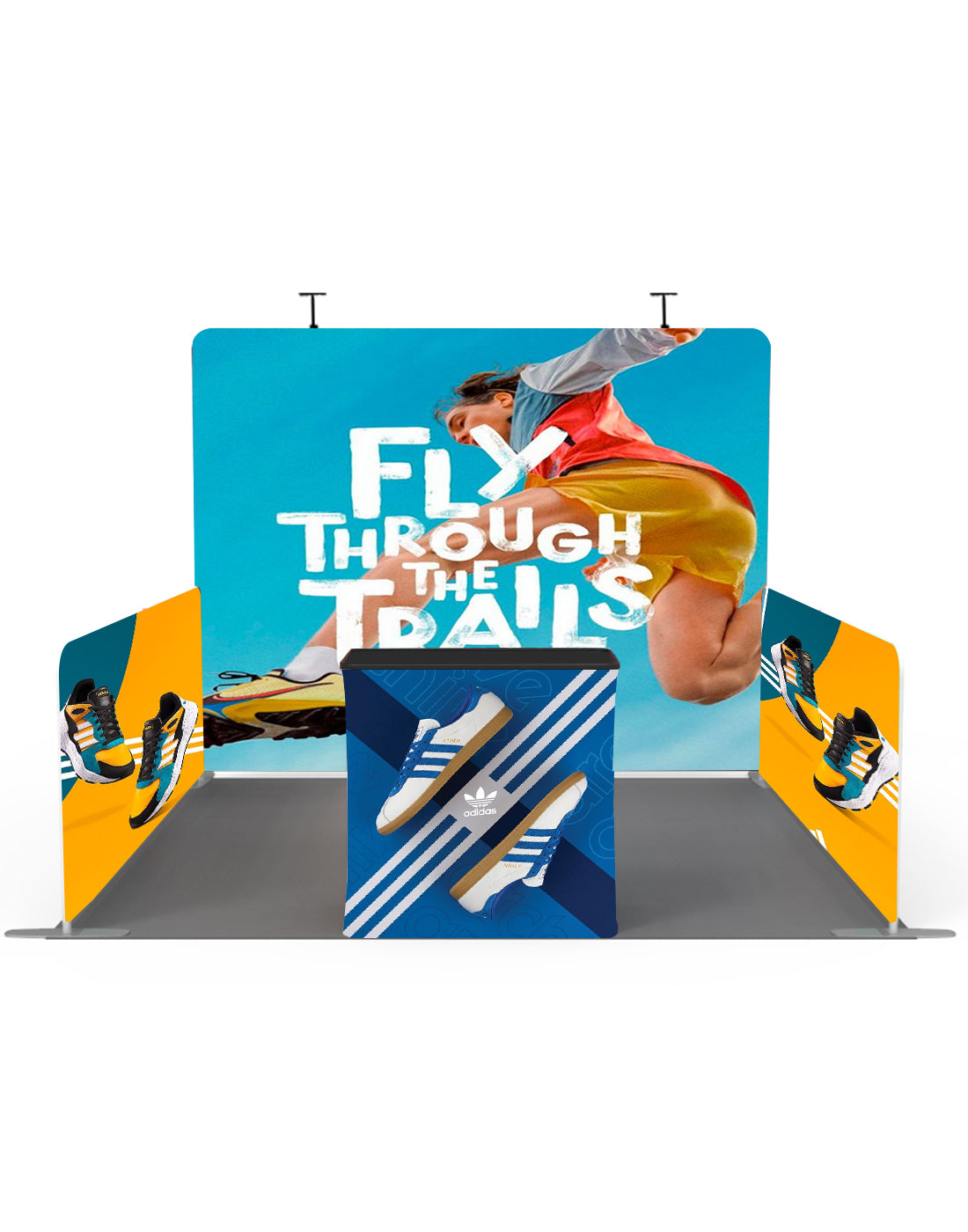 Ultimatives 3m x 3m Messestand-Set mit Rückwand, Seitenwänden, Theke und Beleuchtung