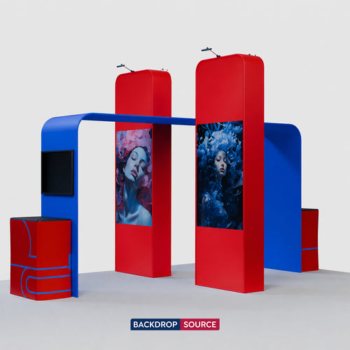 6x3m Booth Kit with 3D Media Walls, Square TV Arch & 2 Counters